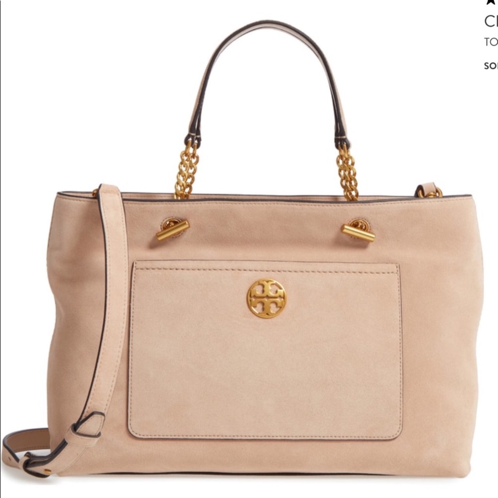 Tory Burch handbag, approx 14” x 9”, soft suede